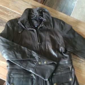 Genuine lined brown leather moto jacket, fitted